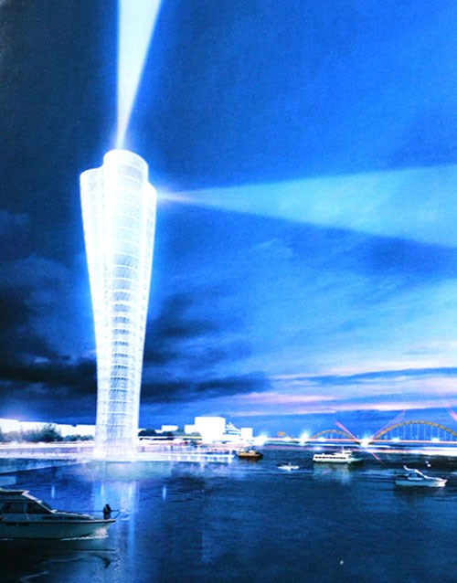 Công trình mô phỏng ngọn hải đăng Alexandria (Ai Cập) dự kiến xây dựng trên sông Hàn - Ảnh: Nguyễn Tú chụp lại